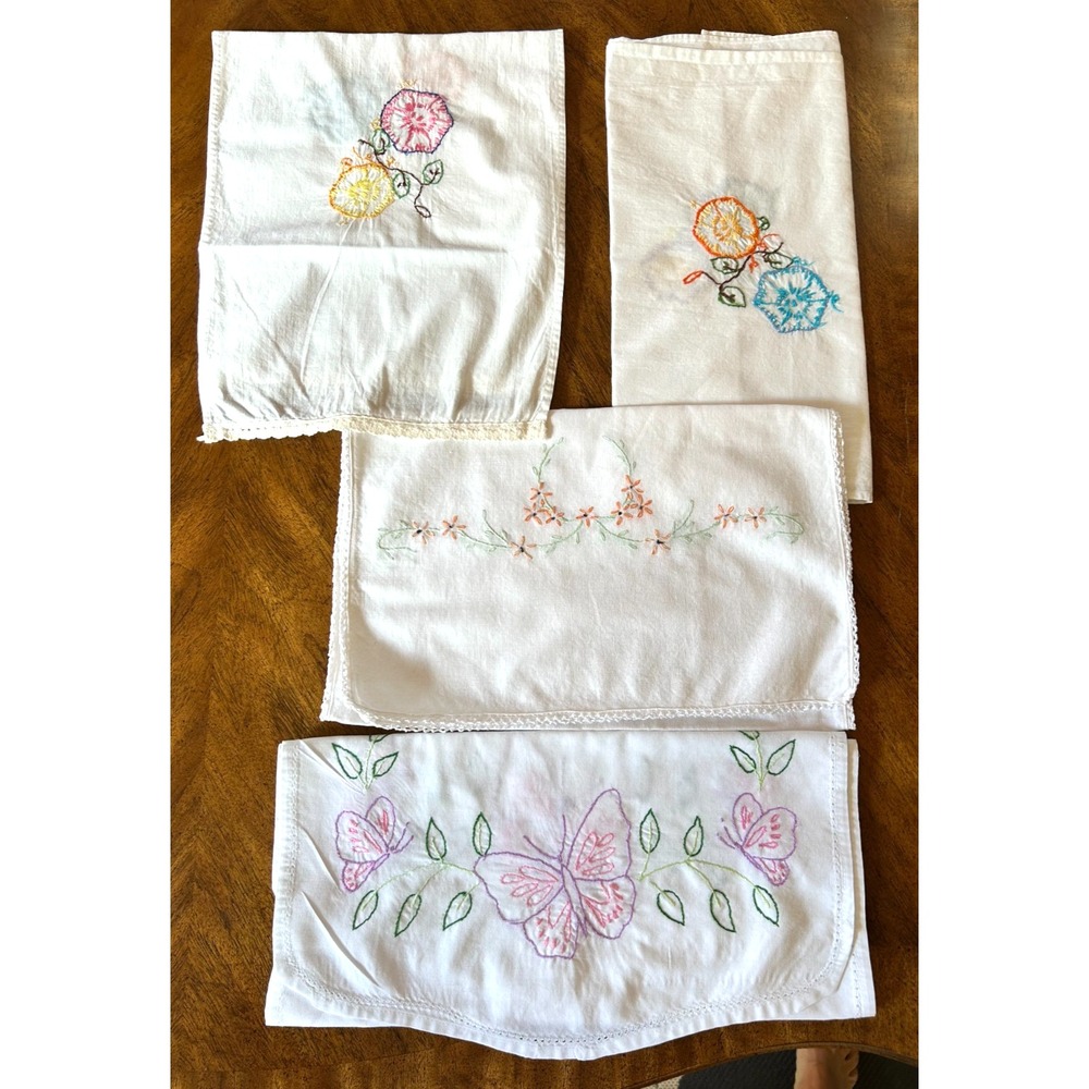 Vintage Lot 4 Embroidered Lace Dresser Scarfs Table Runners Crochet Cottagecore